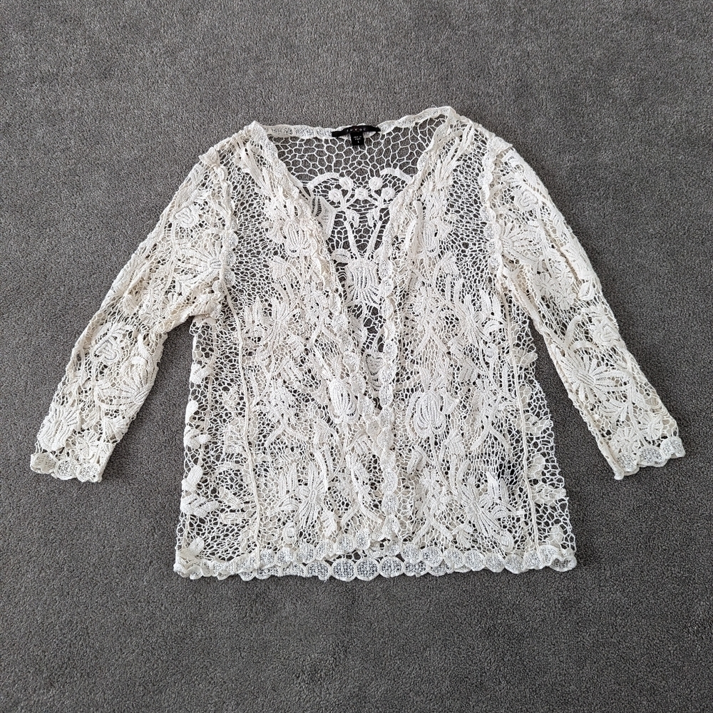Fever Women's Lace Cardigan Blouse Size Large Cotton Cream